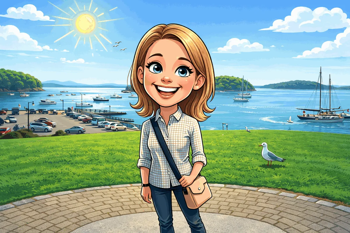 Skye smiling by the coastal harbor in Bar Harbor