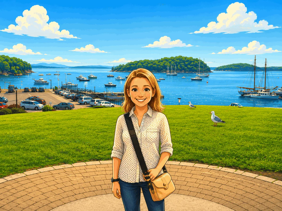Skye smiling by the coastal harbor in Bar Harbor